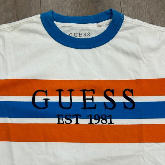Guess Retro Ringer 90s Orange Blue White Stripe Tee T Shirt Size Small S B14 - Picture 3 of 6